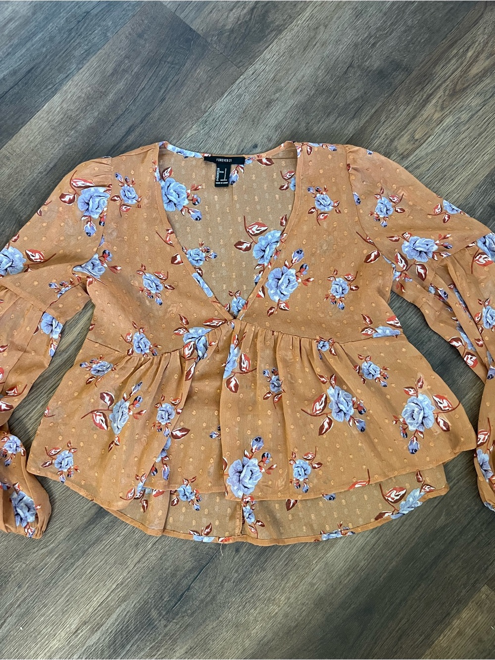 Forever 21 Rust-Orange Boho Floral V-Neck Babydoll Flowy Blouse with Blue Roses - Picture 2 of 9
